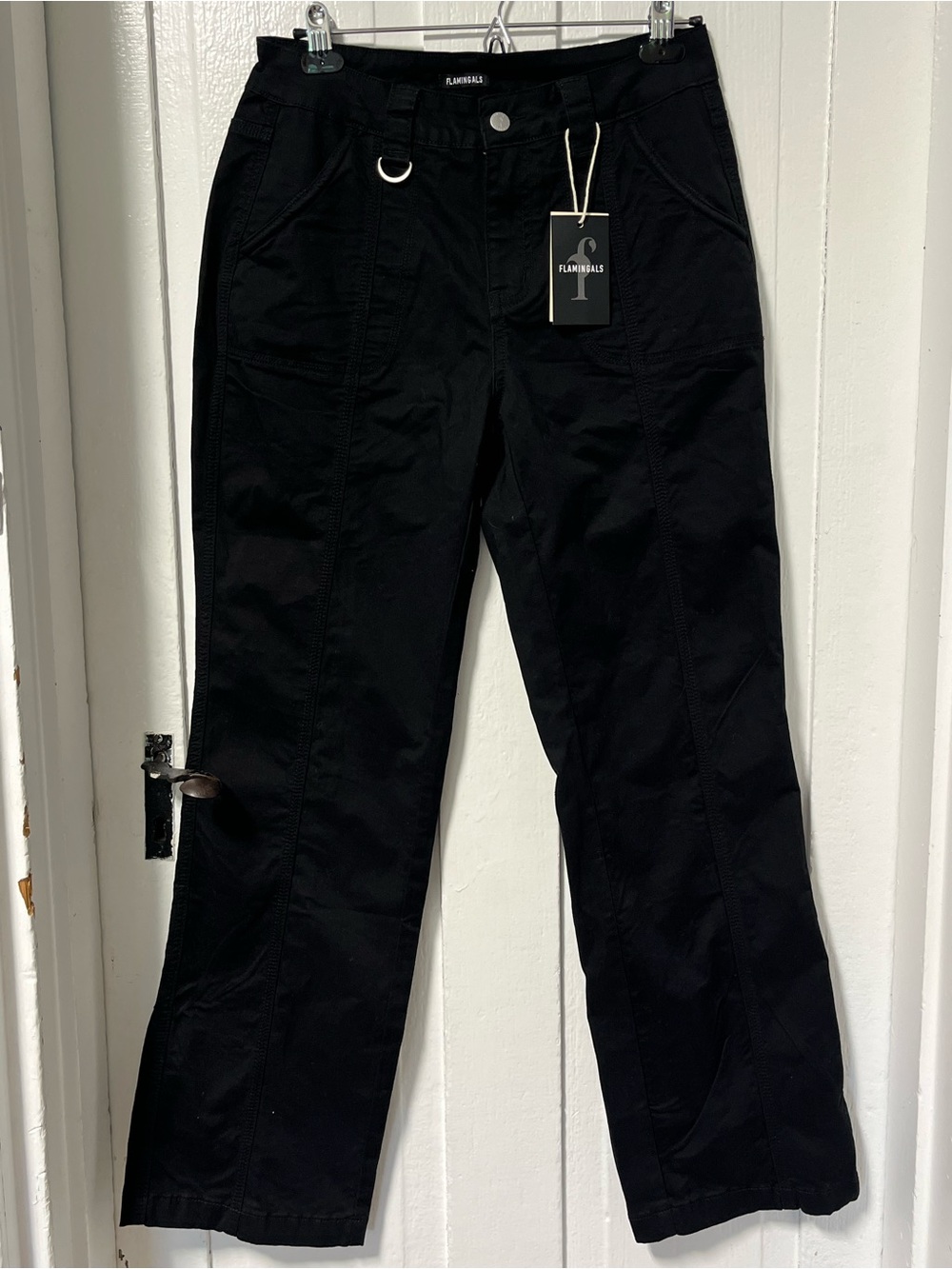 NWT Flamingals Straight Leg Pants Mid Rise Casual Cargo Black Pant size 14